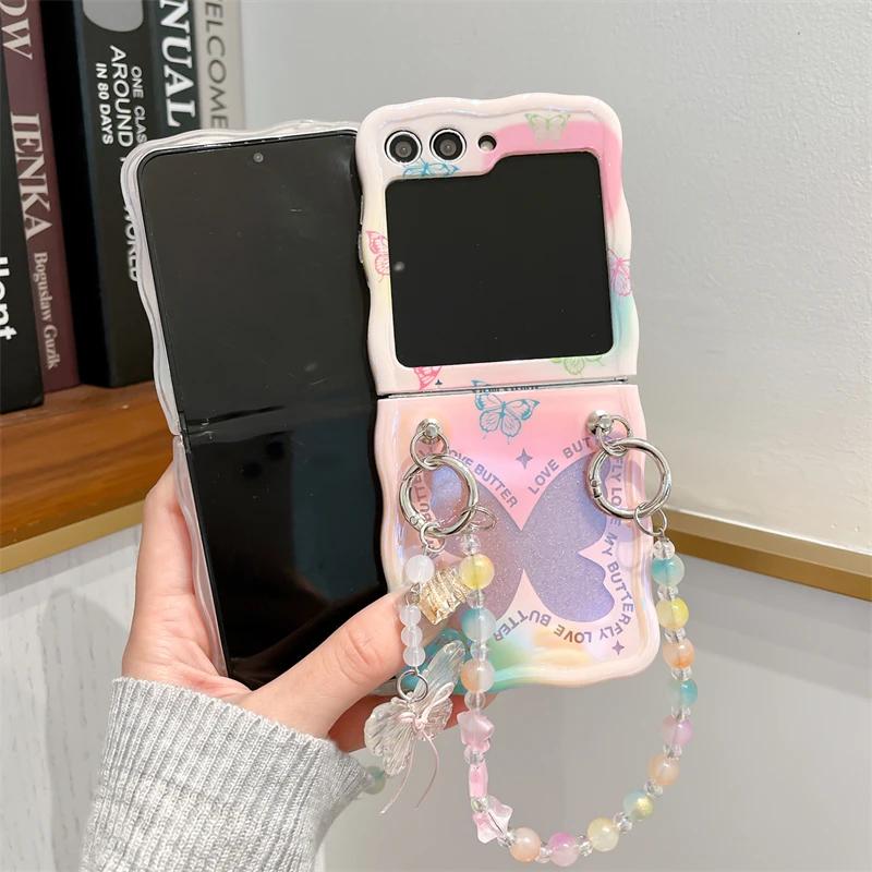 Bead Wrist Strap Phone Case for Samsung Galaxy Z Flip 5 4 3 Flip5 Flip4 Flip3 5G Colorful Bling Glitter Butterfly Pattern Cover