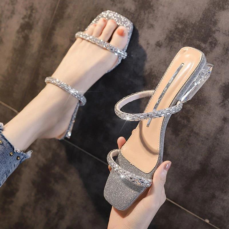 Fashion Women's Slippers and Ladies Sandals Jewels Clear Job Outside Crystals Open Toe Shoes Wedding Slides Low Heel Rhenstone W Shoe 39