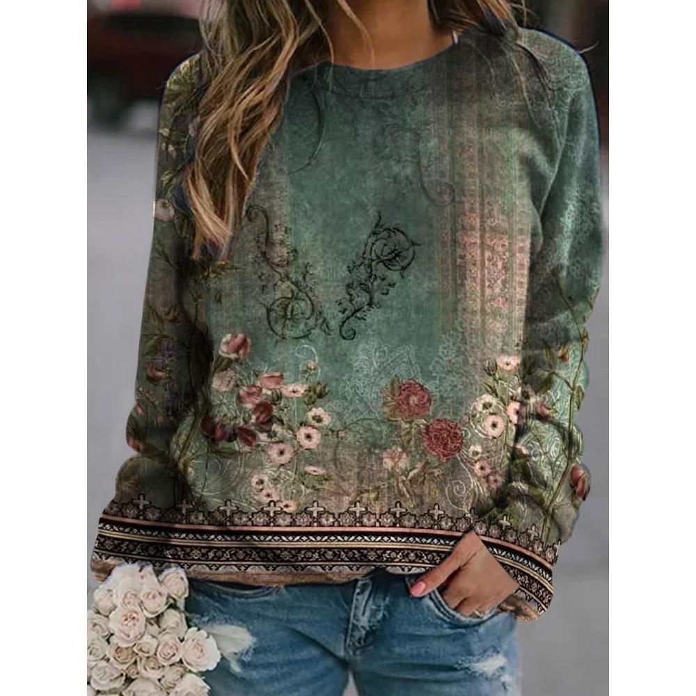 GMXIA Spring and Autumn Women's Retro Casual Fashion Crewneck National Style Hoodie