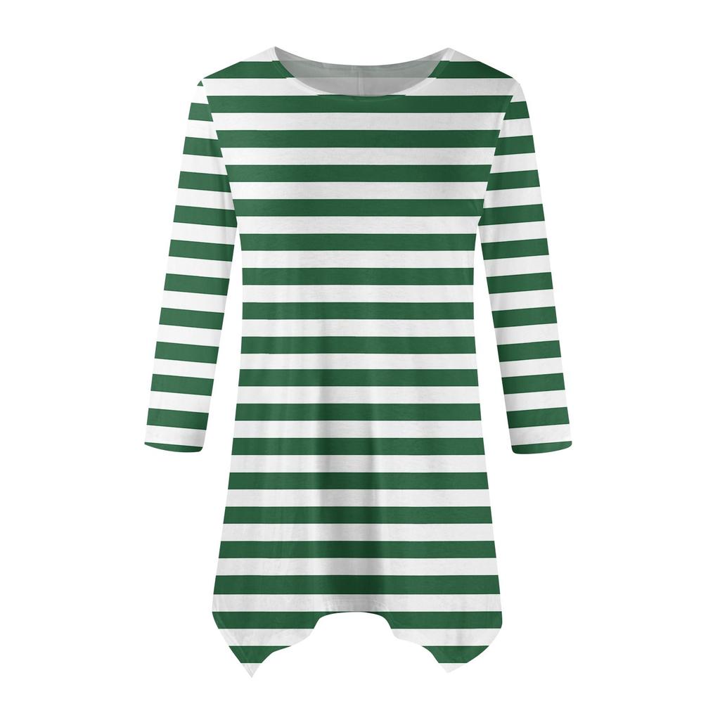 Women's Fashion Casual Round Neck Striped Printed Seven-point Sleeve Shirt Belted Loose Comfortable Top