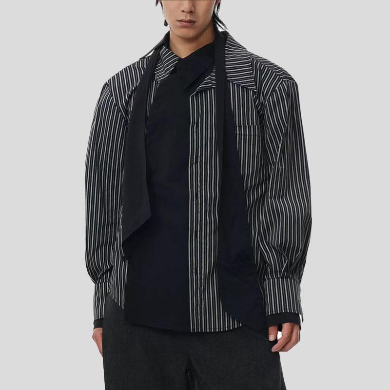 INCERUN Oversized Men Long Sleeve Patchwork Buttons Up Casual Striped Shirts Tops