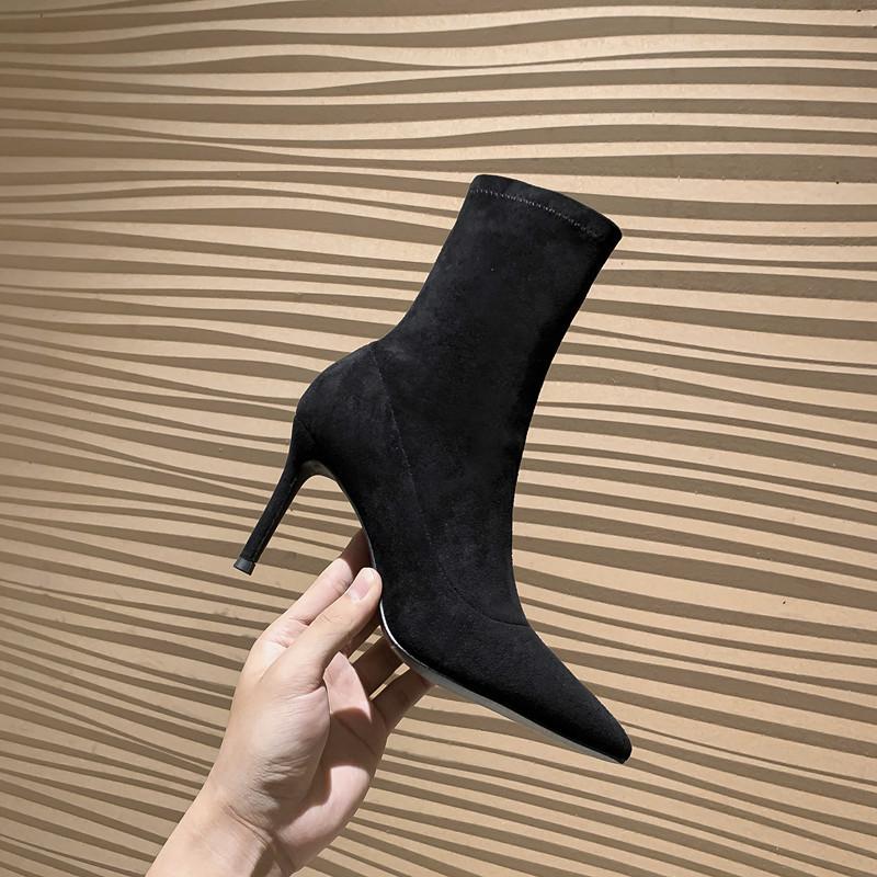 2025 Autumn and Winter New Short Boots Women's High Heel Thin Heel Pointed Black Elastic Thin Boots Versatile Internet Celebrity Medium Single Boots