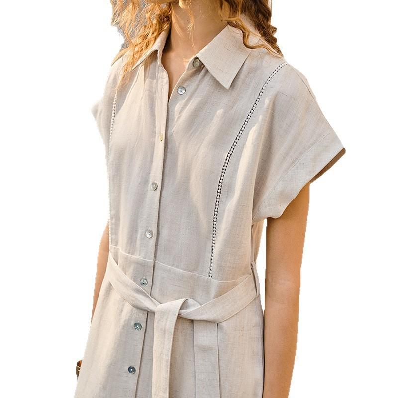 Womens Linen Tencel Blend Midi Dress With Adjustable Waist Short Sleeve High-Waisted Office Casual