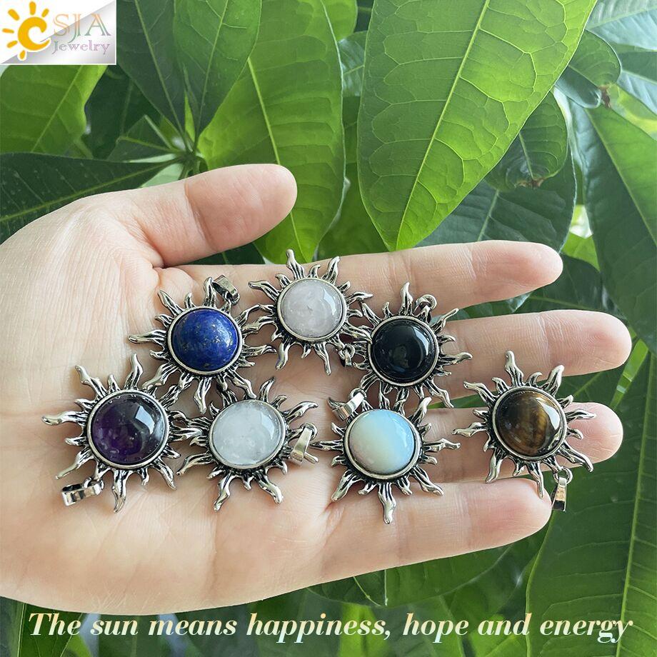 CSJA Vintage Sun Flower Pendant Natural Stone Crystal Necklace Genuine Round Amethysts Pink Quartz Obsidian Lapis Lazuli H120