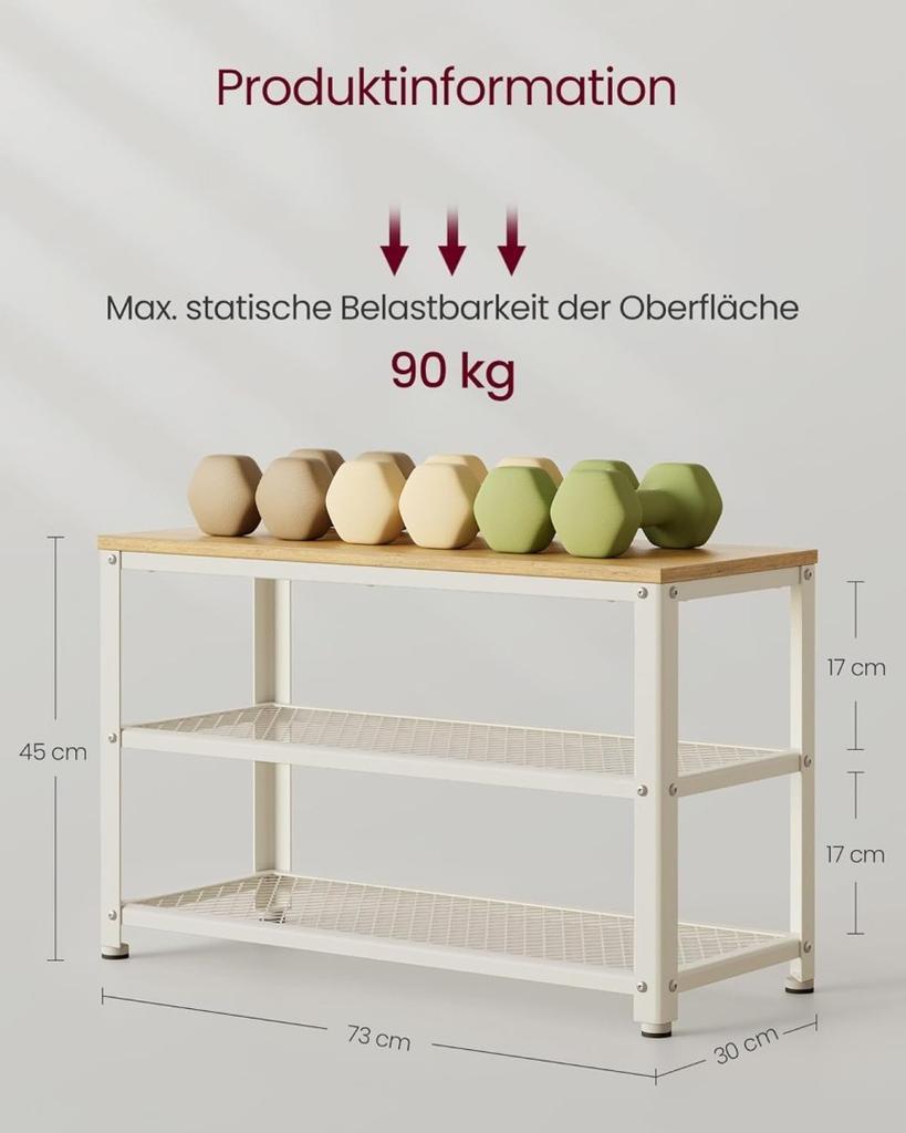 Ławka na buty z 2 półkami z siatki do przechowywania butów 30 x 73 x 45 cm do przedpokoju, przedpokoju, salonu, metalowej ramy,