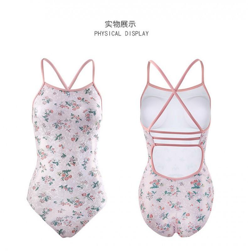 Small Fresh Pink Floral Sexy Tight-fitting Racing Sports One-piece Triangle Swimming Pool Hot Swimsuit Women