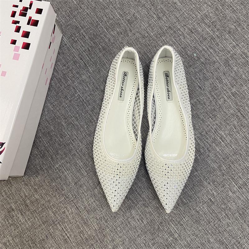 Fashion Flat Shoes for Women 2025 Spring and Autumn French New Sexy Mesh and Rhinestone Hollow Low Heel Shallow Mouth Women's Shoes