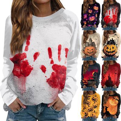 Moda feminina casual manga comprida halloween estampado gola redonda suéter top