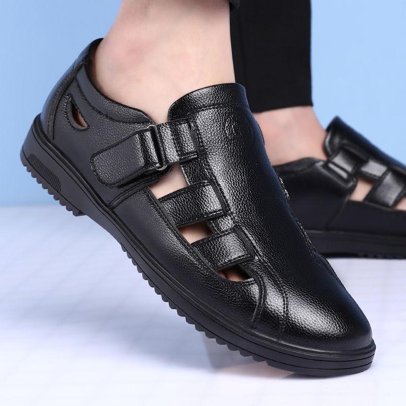 Leather shoes men's summer new men's hollowed-out casual breathable leather middle-aged dad hole shoes