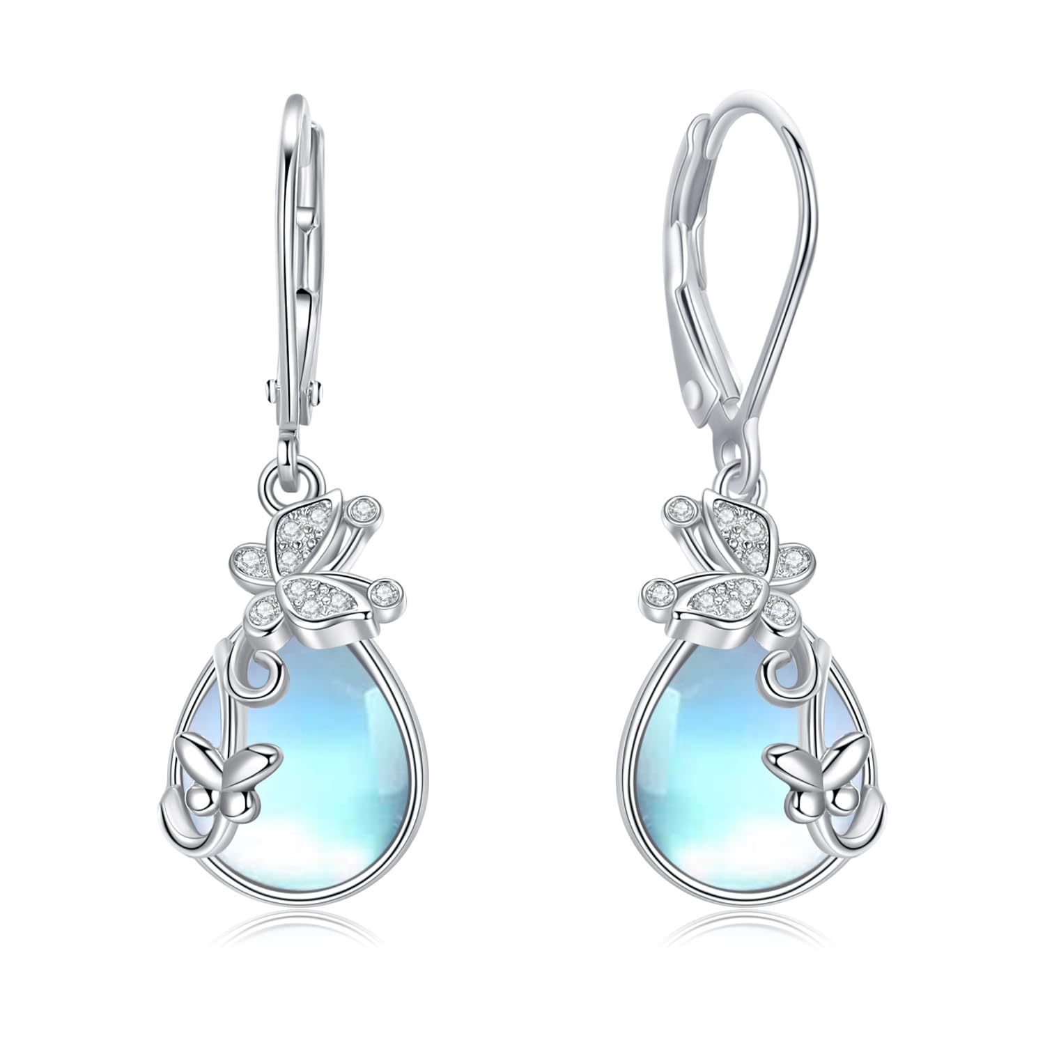 

StoryMidir Earrings Moonstone Dangling Earrings Butterfly Silver 925 Hypoallergenic Hook Earrings Butterfly Drop Earrings Zirconia Earrings Platinum