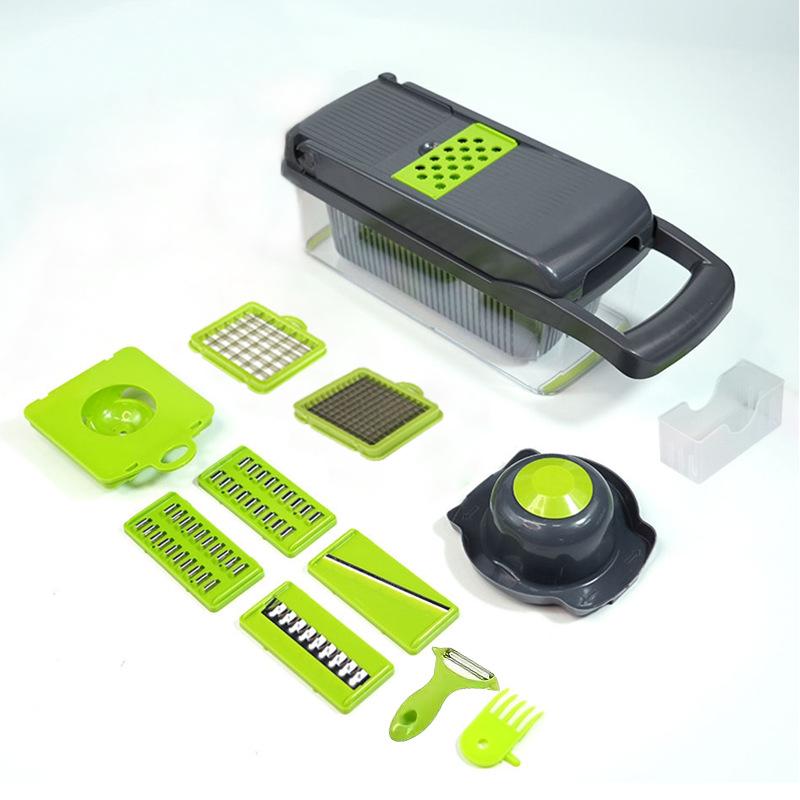 Multifunksjonell grønnsakshakker tomat gulrot rivjern løkstrimler agurkskiver, eggsil Drenskurv Kjøkkenverktøy