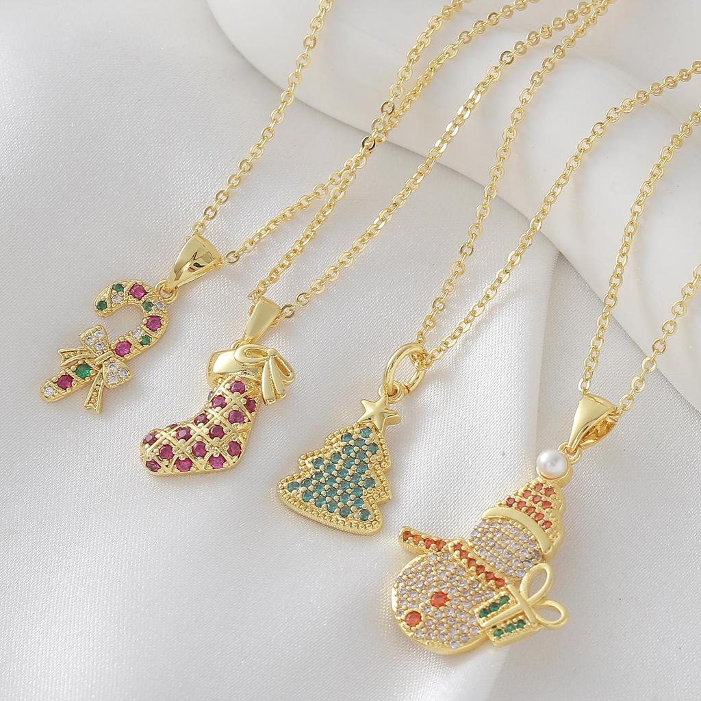 Copper Zircon-Embellished Christmas Tree & Snowman Pendant Necklace