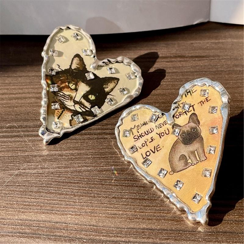 Asymmetrical Animal Doodles Earrings Heart Shape Ear Studs with Cats Dog Patterns Alloy Texture Suitable for Fashion Women