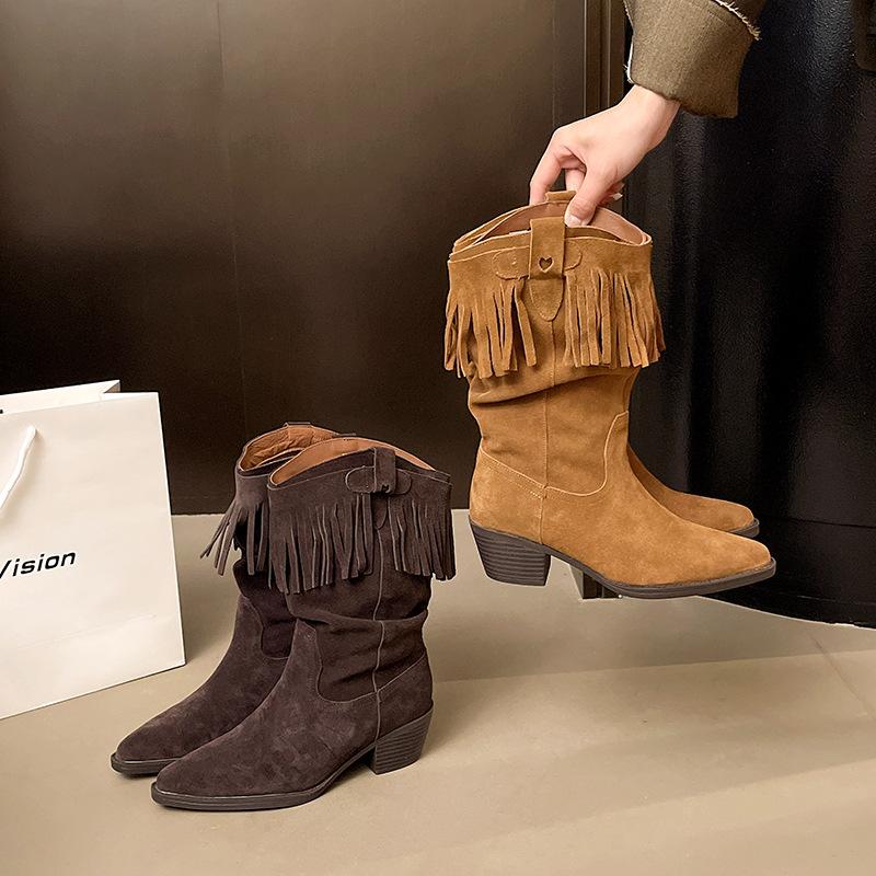 Lederversion~ Französische spitze Quaste hochhackige Stiefeletten 2025 Herbst neue mittelhohe Stiefel Innenhöhe erhöht Western-Cowboystiefel