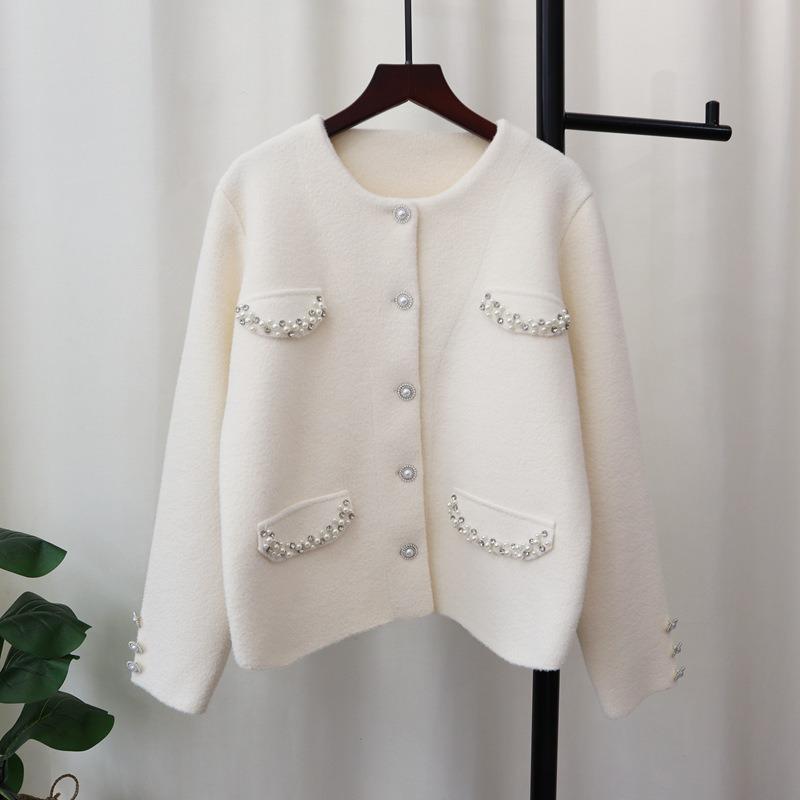Bead Design Sense Knitted Double-sided Cardigan Women's Autumn and Winter New Temperament Soft Waxy Sweater Jacket