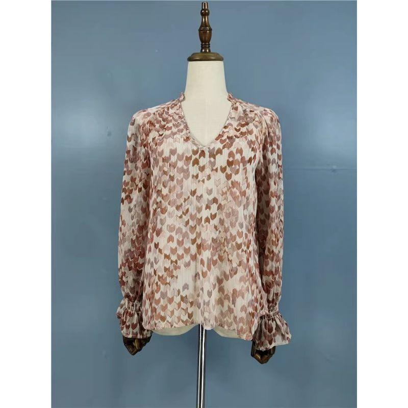 

Export Single AQ Home Summer Refreshing Sexy V-neck Small See-through Bright Silk Shiny Long Sleeves Lace Print Tops Shirt Brown Flower S