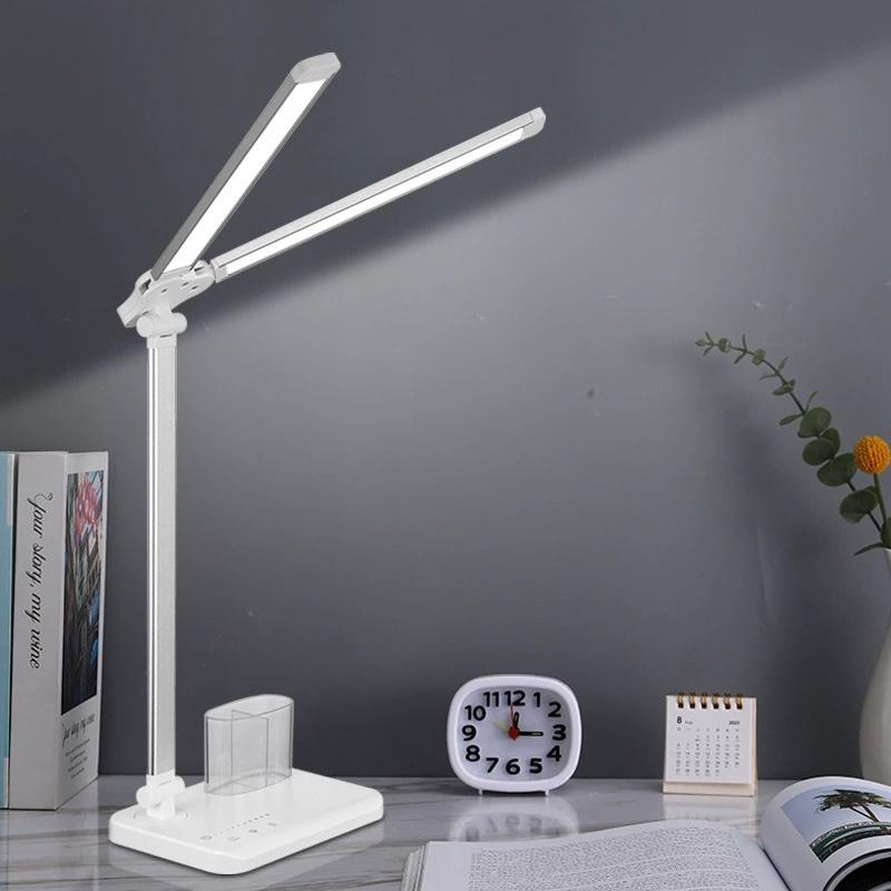 

Светодиодная настольная лампа с двойной головкой, настольная лампа с двойным поворотным кронштейном для дома и офиса, 5 цветовых режимов и 5 уровней яркости, современная лампа для пианино с защитой глаз белый