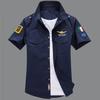 Military Men Letter Embroidery Patch Pocket Slim Button Down Short Sleeve Shirt
