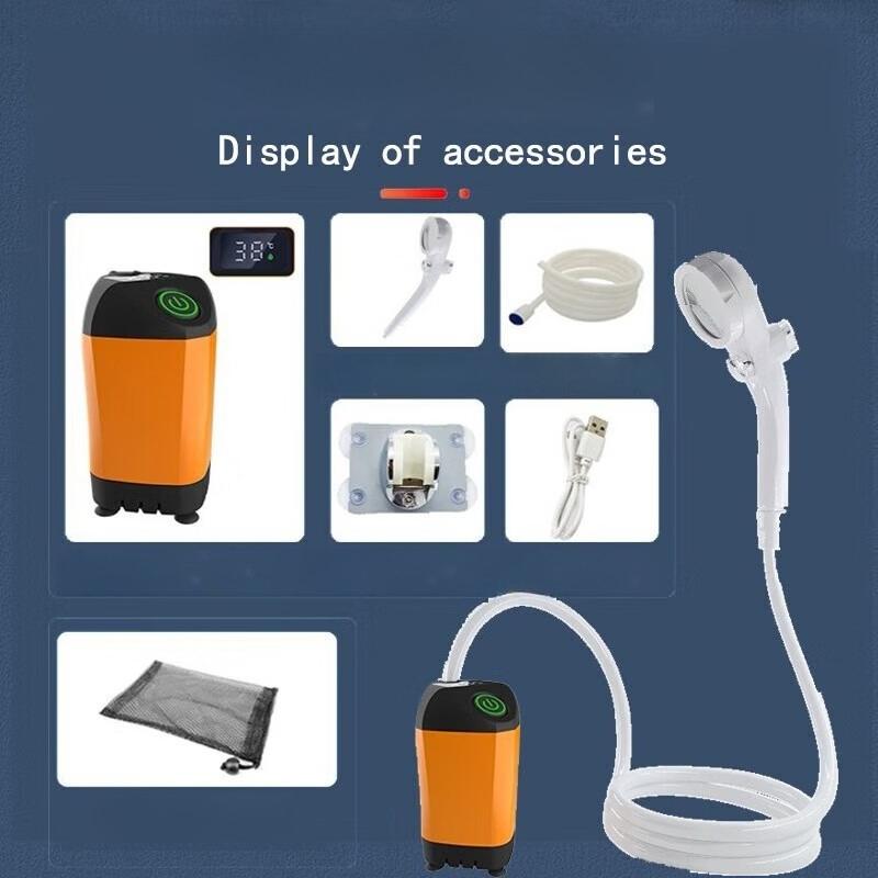 Outdoor Camping Shower IPX7 Waterproof Orange with Digital Display Portable Electric Shower Pump for Hiking Travel Pet Watering