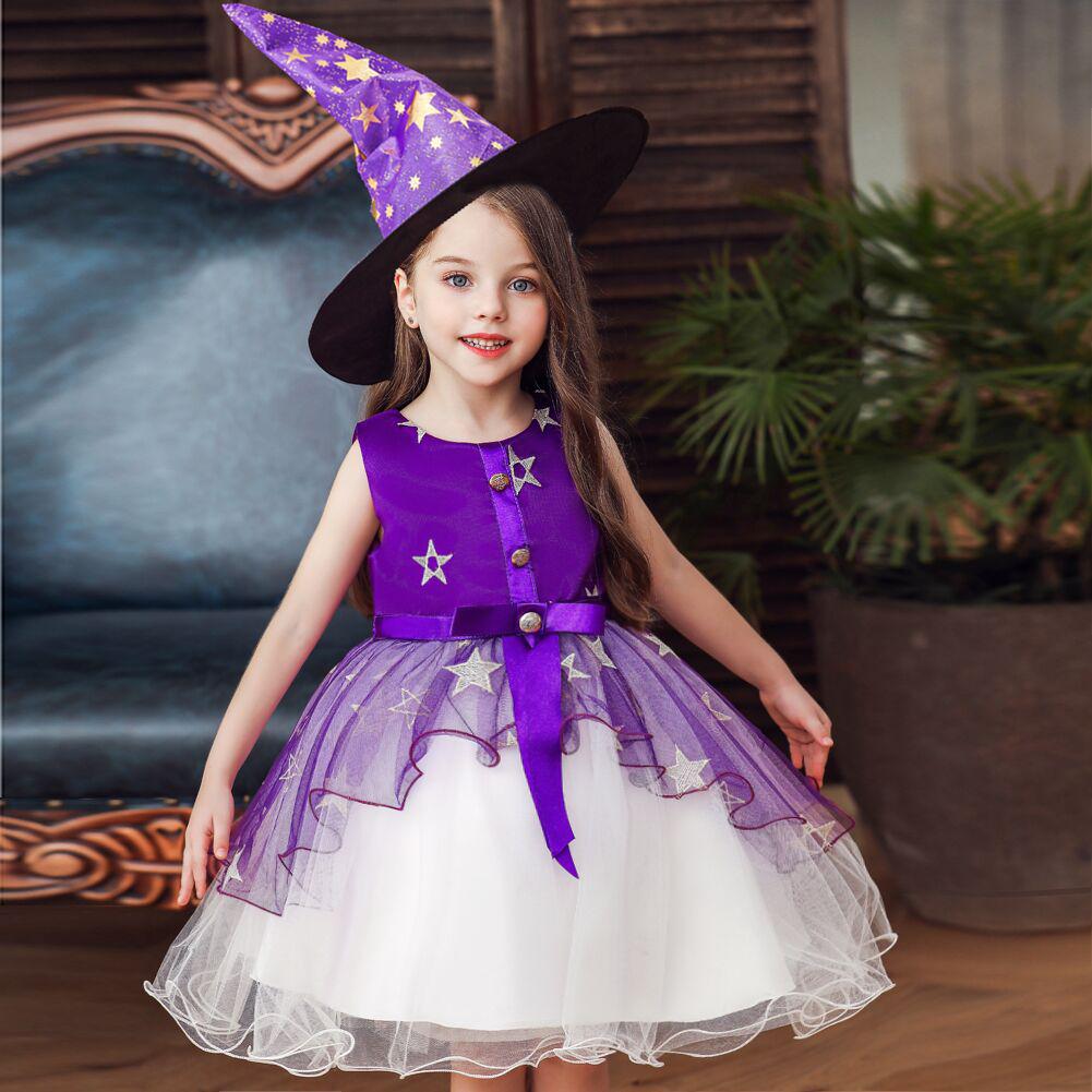 Halloween Prinsessklänning Kostym med Häxhatt för Barn