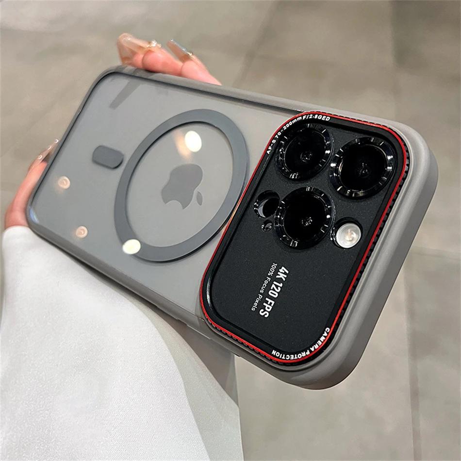 Luxury Magnetic Metal Lens Bumper Protection Case For iPhone 16 15 14 Pro Max 16pro Wireless Charge Hard Clear Cover For Magsafe