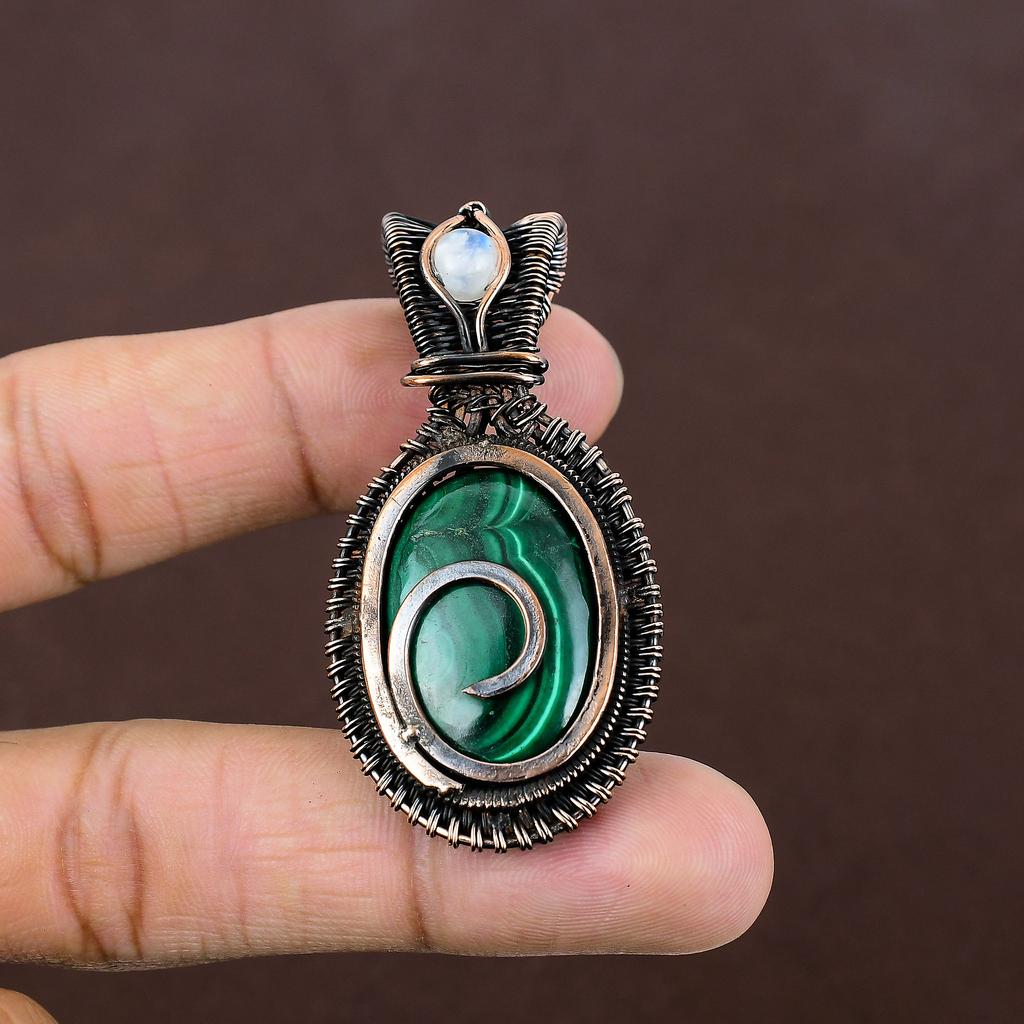 Natural Malachite,Moonstone Stone Handmade Copper Wire Wrap Pendant 2.36" R8E90