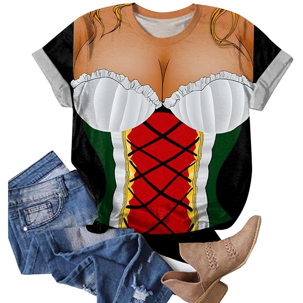 Women Casual Pullover T Shirt Oktoberfest Print Short Sleeve Crew Neck Top Lightweight Comfortable Fit Summer Tee