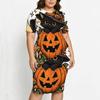 Women Plus Size Halloween Printed Round Neck Short Sleeve Asymmetric Top Fitted Skirt Two Piece Set