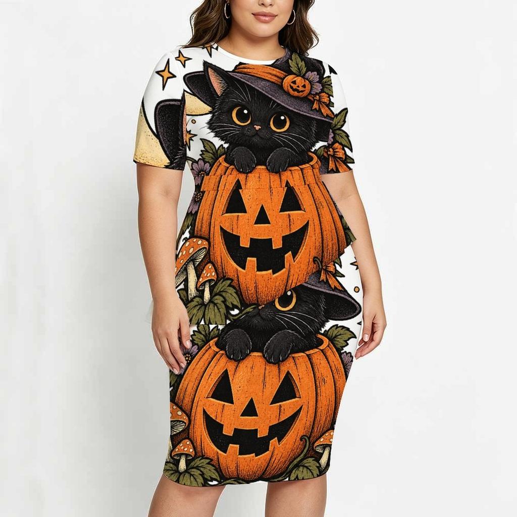 Women Plus Size Halloween Printed Round Neck Short Sleeve Asymmetric Top Fitted Skirt Two Piece Set