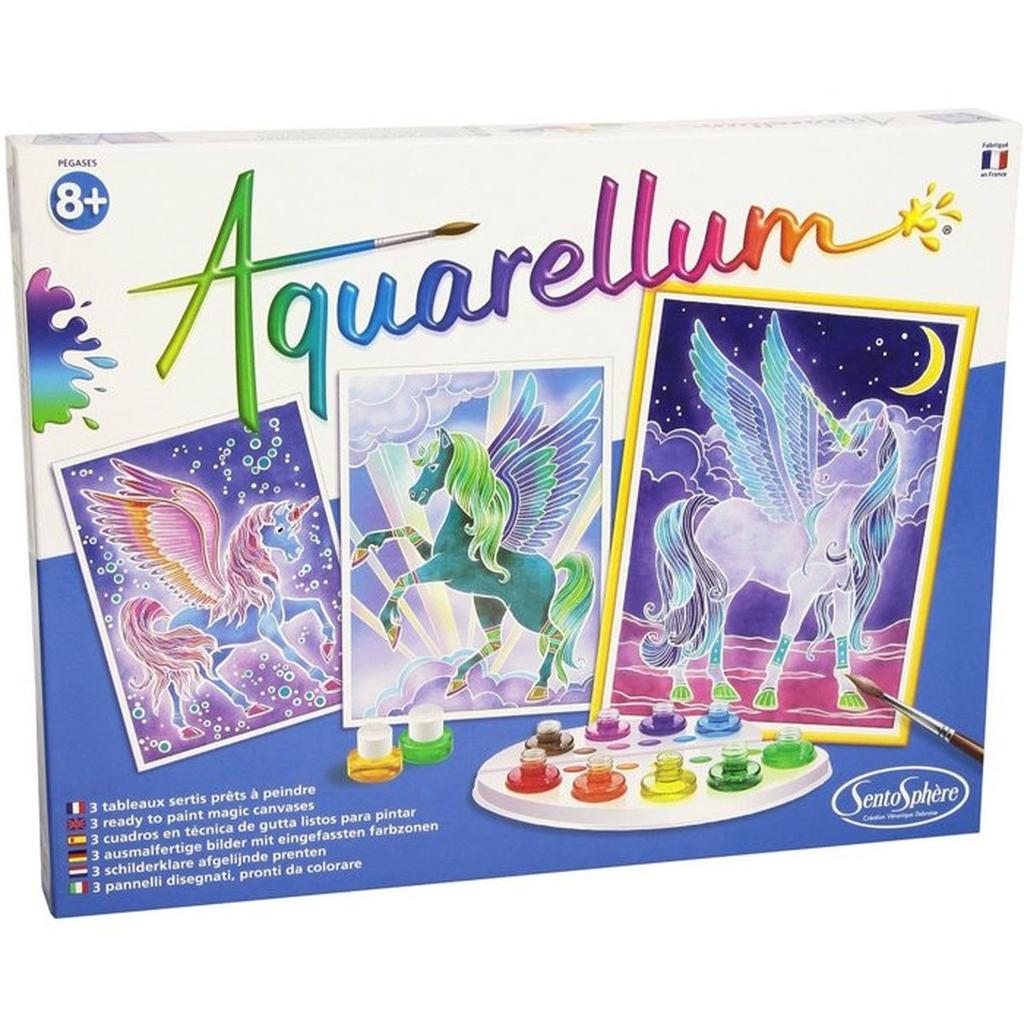 Peinture aquerelle - SENTOSPHERE - Aquarellum - Pégases - 9 couleurs - 3 tableaux - Sertissage sur papier Vélin - Des 7 ans