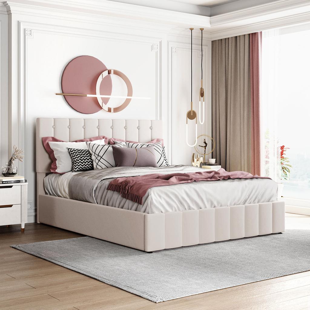 Upholstered Bed 140*200, Hydraulically Liftable Storage, Height-adjustable Headboard, Metal Slatted Frame, Skin-friendly Velvet Fabric, Cream White