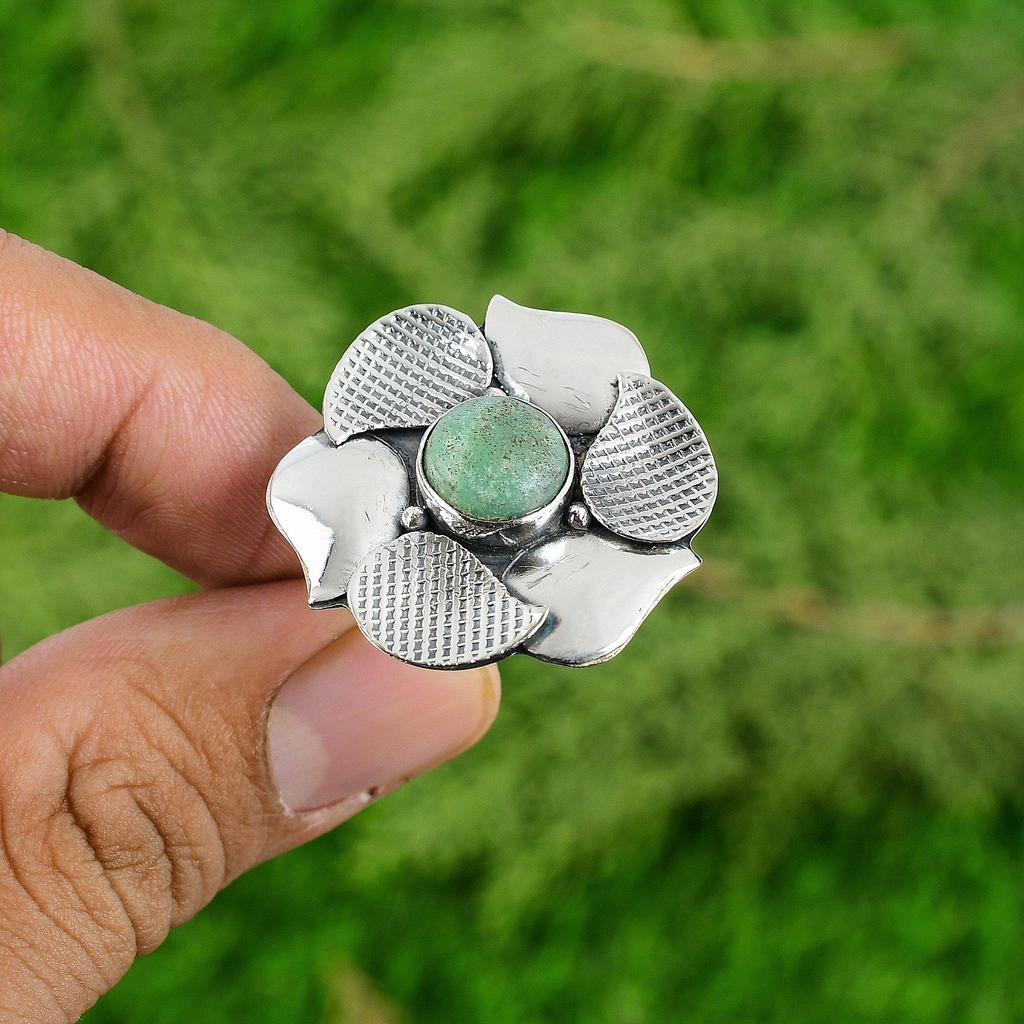 Natural Chrysoprase Gemstone Solitaire Flower Green Adjustable Ring 925 Silver