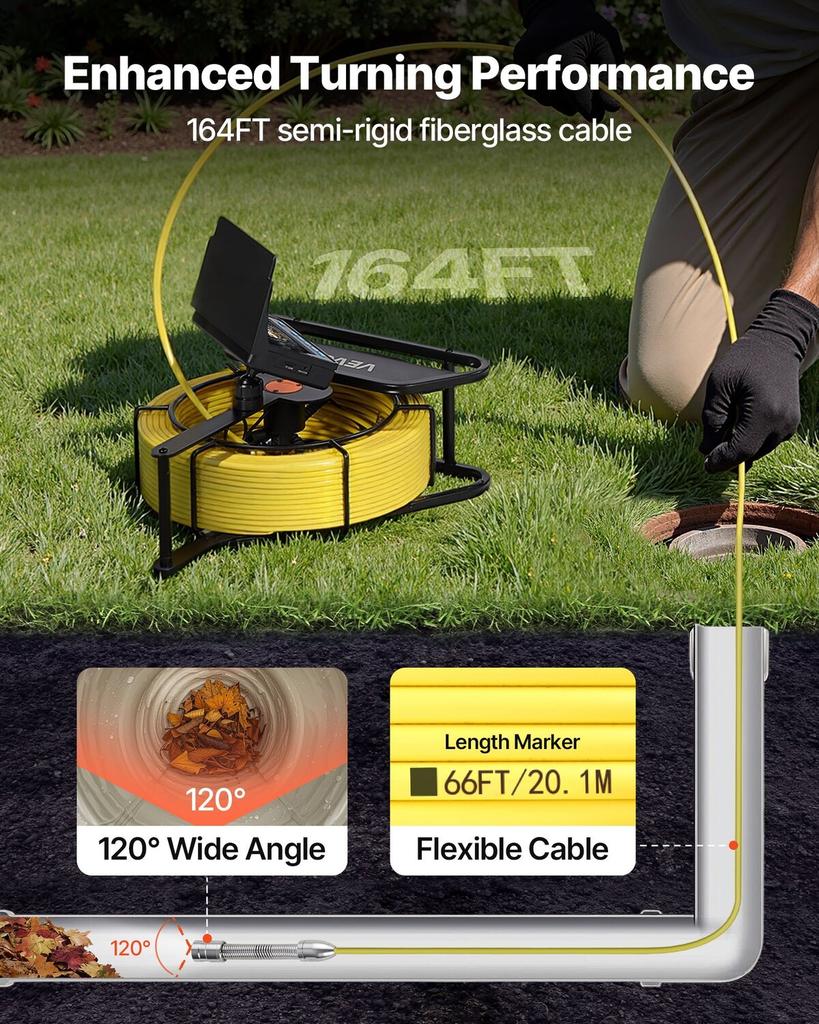 Sewer Camera, 50m Drain Inspection Camera, IP68 Waterproof Snake Plumbing Cameras with Lights - 6 Adjustable LEDs, 4500mAh Battery & 16GB Card for