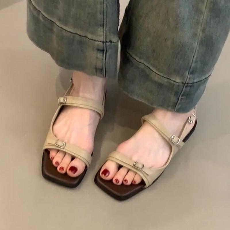 

Design sense one word belt buckle flat sandals women s summer new seaside vacation with skirt beach shoes 40 абрикосовый