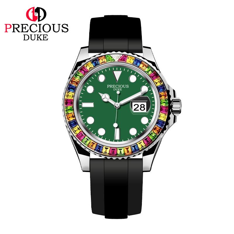 

Мужские кварцевые часы с вращающимся безелем, часы с календарем, инкрустированные цветными бриллиантами, водонепроницаемые мужские деловые часы с ночной подсветкой, праздничный подарок серебряный/зелёный