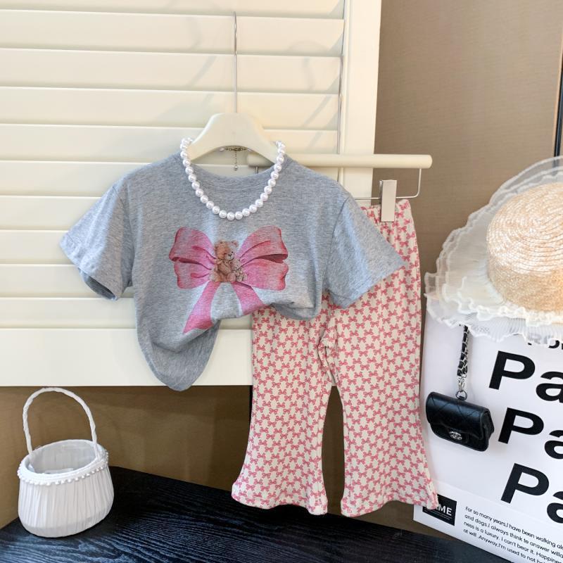 2024 Girls' Summer Bear Butterfly T-Shirt & Flared Pants Set