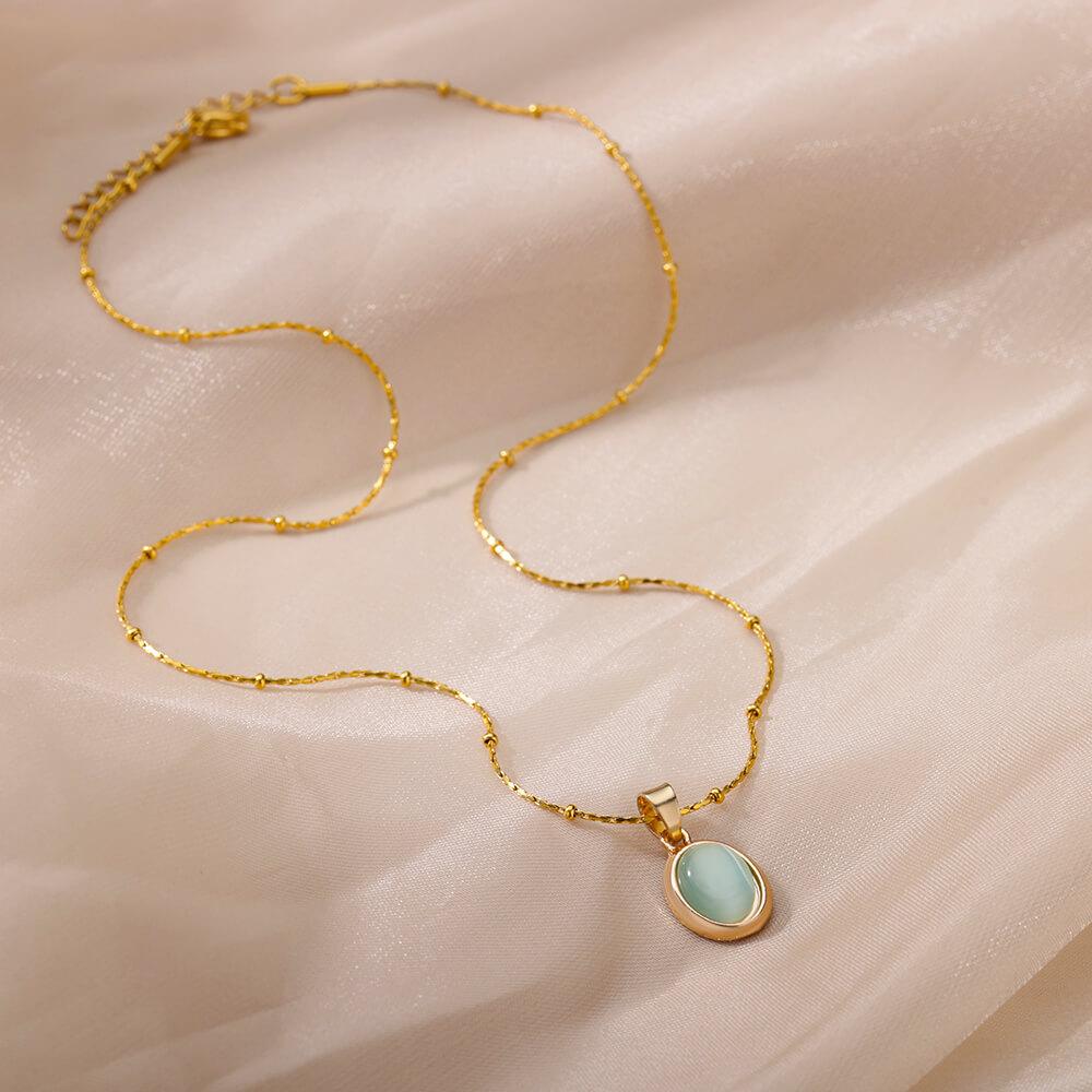 Colorful Stone Opal Oval Necklace For Women Gold Color Stainless Steel Chain Stone Pendant Necklace Classic Aesthetic Jewelry
