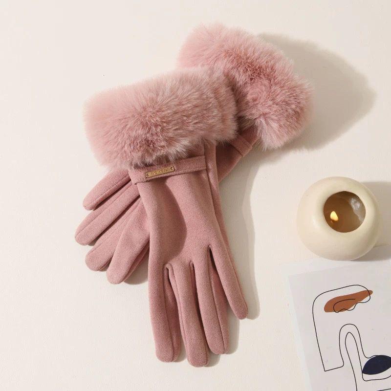 New Women's Warm Thickened Dew Finger Touch Screen Windproof Riding Plush Outdoor Fashion Gloves