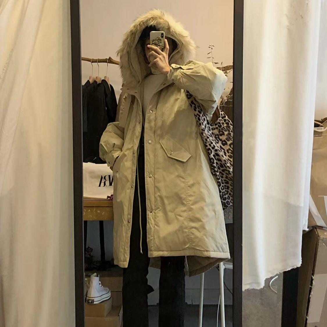 

Парка Куртка с большим меховым воротником Женская Осень и Зима Большого размера Толстая Свободная Средней длины Стеганая куртка Стеганая куртка XXXXL хаки