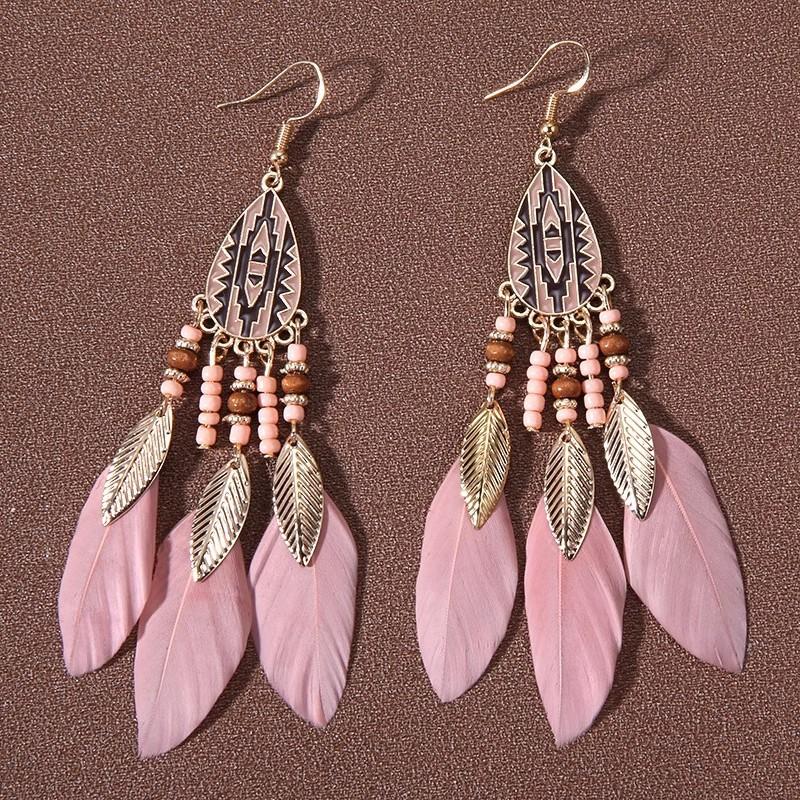 Vintage Bohemian Feather Tassel Earrings Exaggerated Ethnic Vacation Dangle Ear Jewelry Fashion Accessories For Women