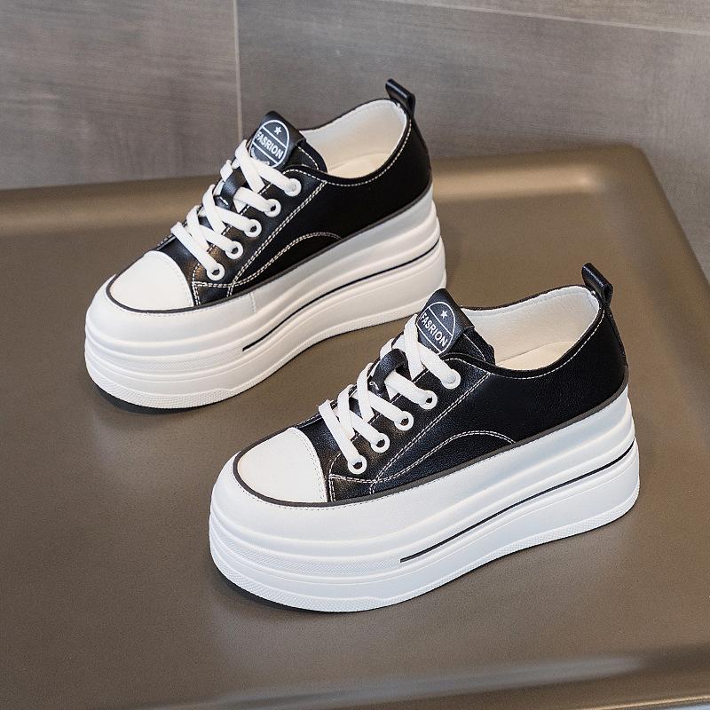 New Breathable Leather Inner Heightening Thick-soled Low-top Women's Shoes Lace-up Single-sided Muffin Delicate 8 Cm Little White Shoes Women