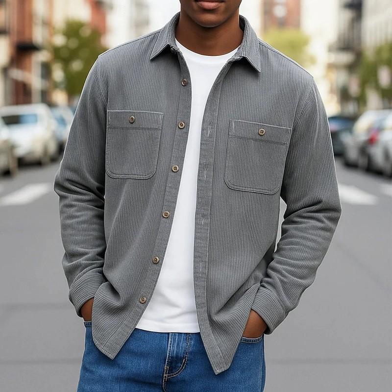 Autumn Winter Men's Solid Color Corduroy Double Pocket Button Long Sleeve Casual Shirt