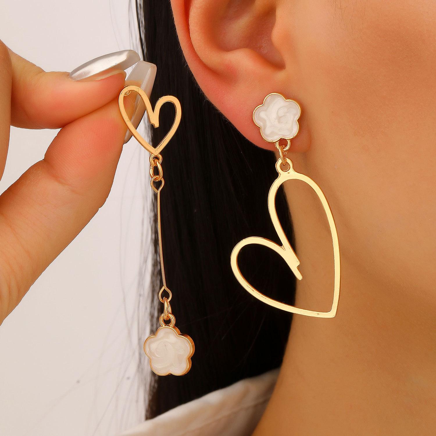 Minimalist Heart Enamel Flower Pendant Stud Earrings Cute Asymmetrical Women Jewelry 1