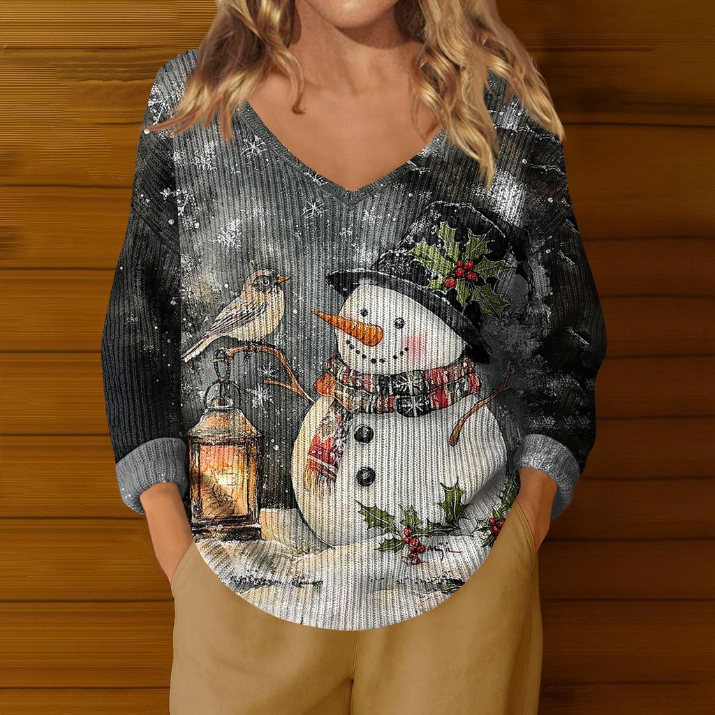 Women's Fashion Casual Long Sleeve Christmas Snowman Print V-Neck Top