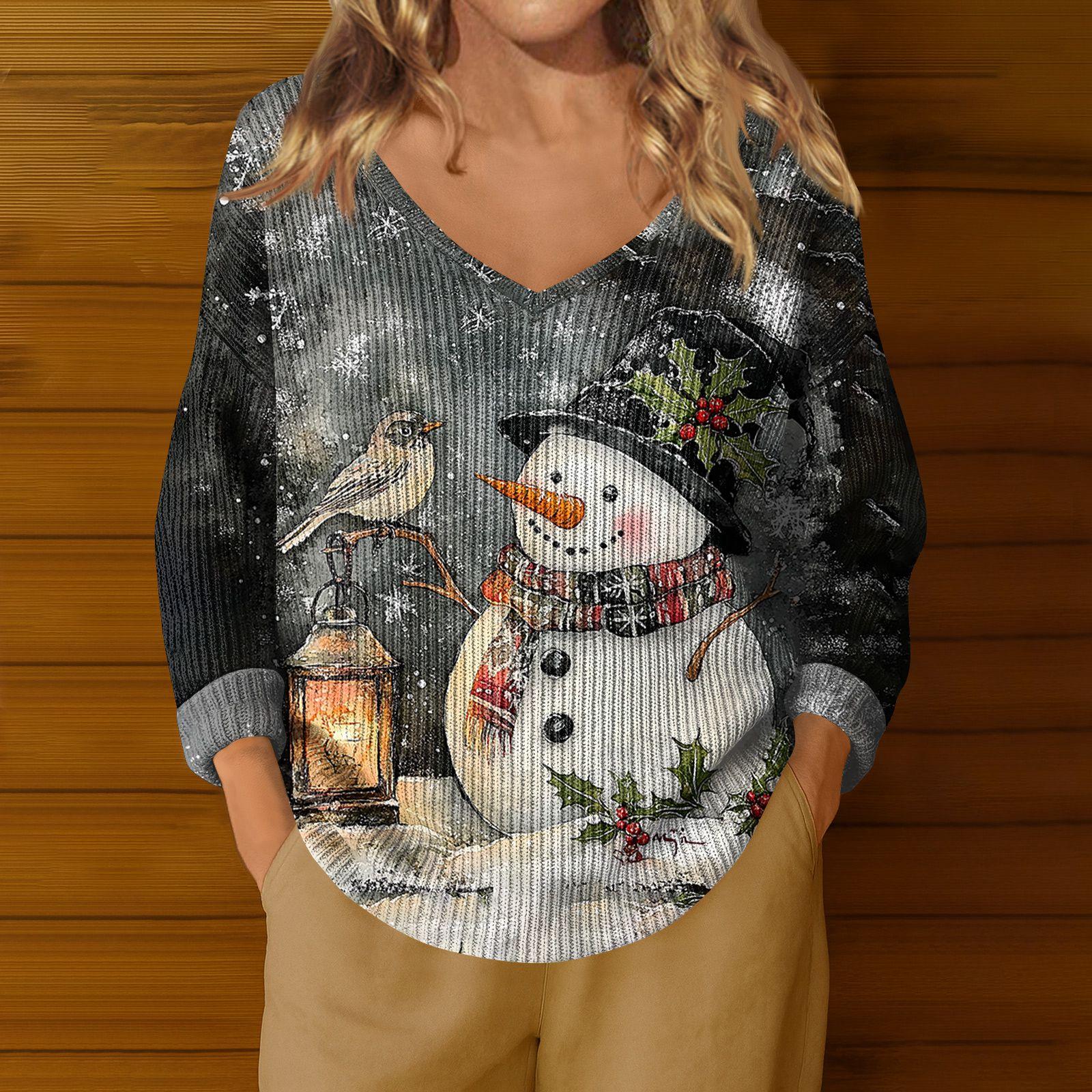 

Women s Fashion Casual Long Sleeve Christmas Snowman Print V-Neck Top L