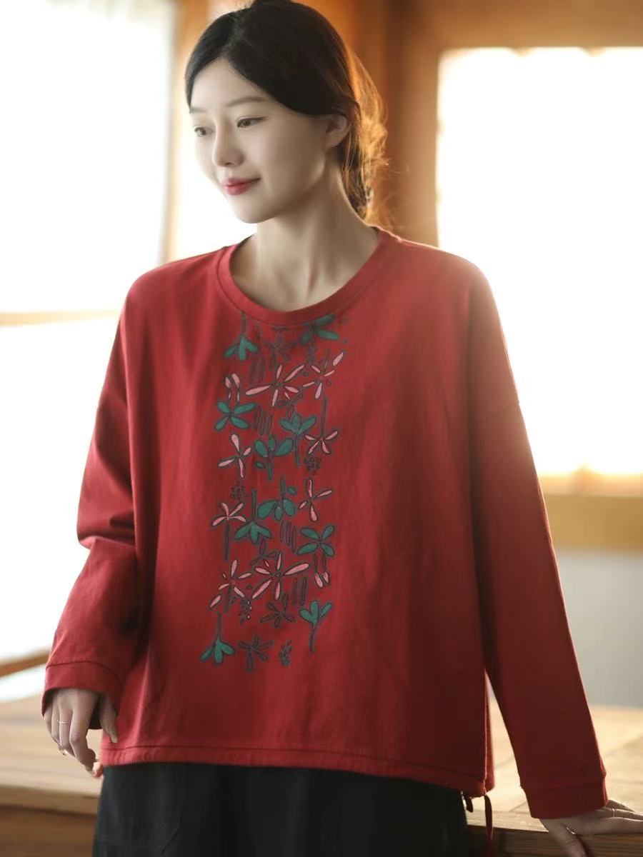 

Johnature Женские винтажные футболки с цветочным принтом, с круглым вырезом, с длинным рукавом, весенние, мягкие, свободные, однотонные One Size красный