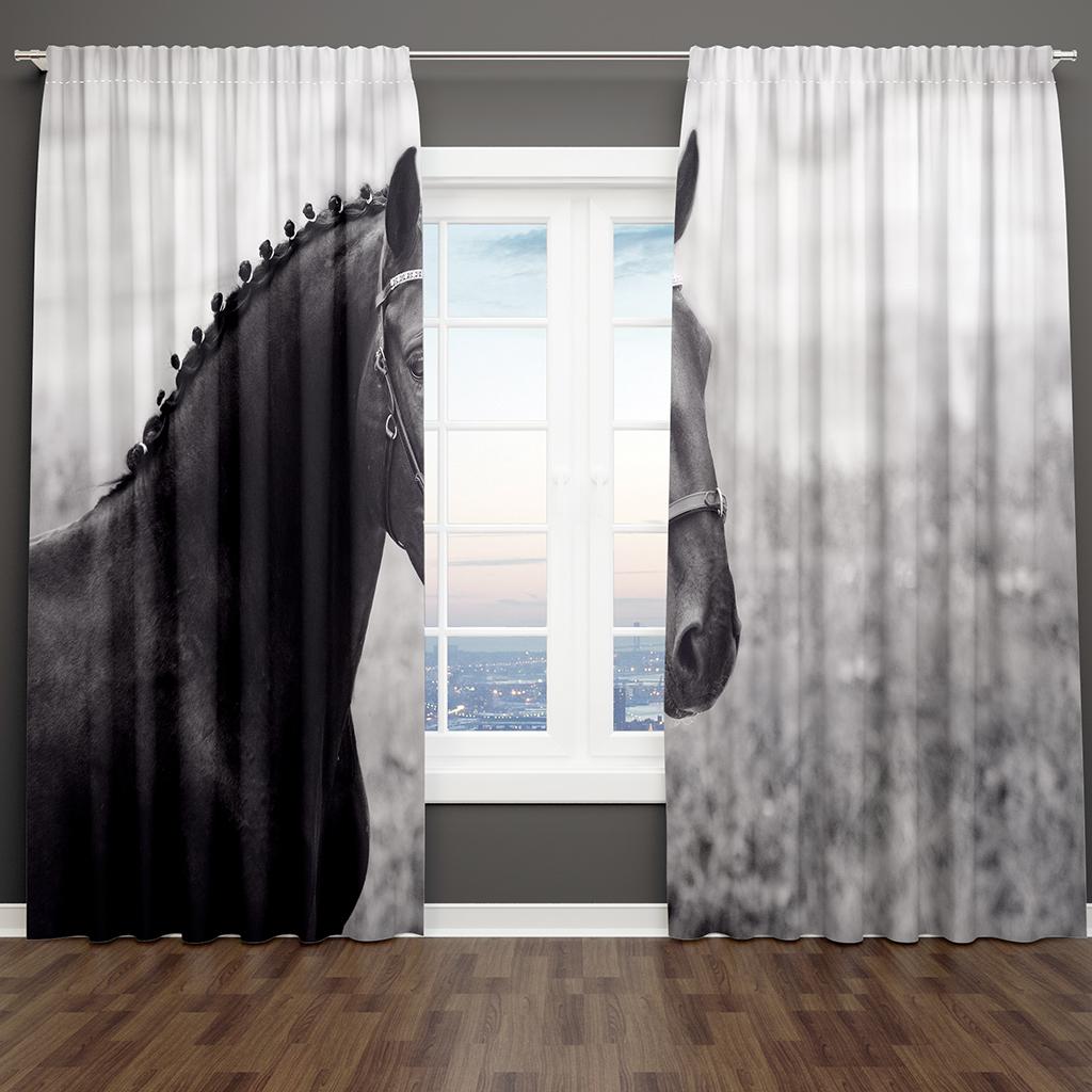 Mountain Landscape Horses White Black 2 Pieces Thin Shading Curtain Living Room Bedroom Home Decor Hook