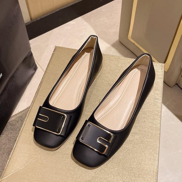 Autumn new low-heeled non-slip square-head single shoes, light-mouth soft-soled metal buckle ladyshoes