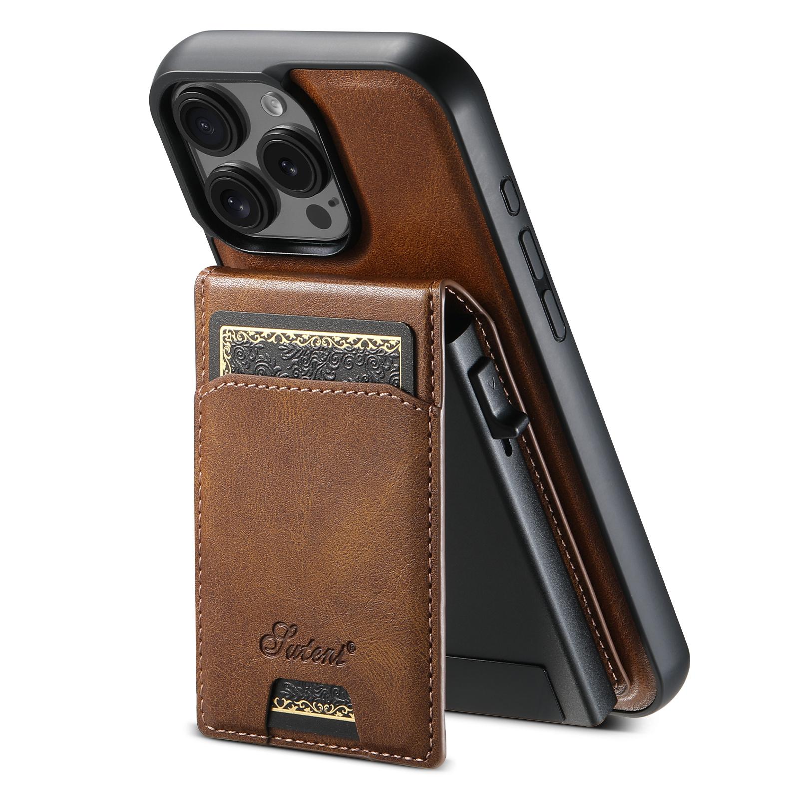 

SUTENI H19 For iPhone 16 Pro Magnetic Case Waxy Texture Card Slots Leather Back Phone Cover Brown