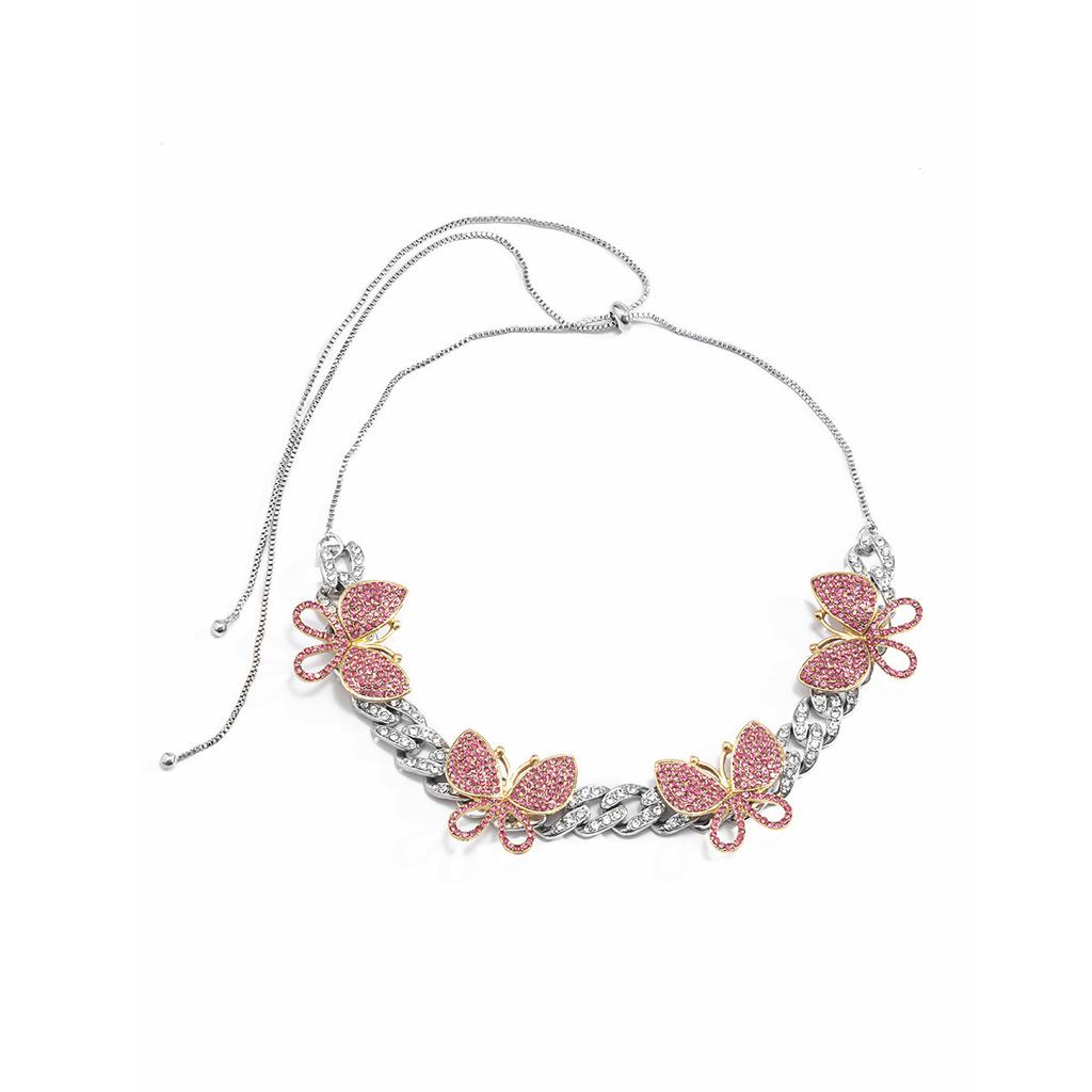 Accessories, Hip Hop Full Diamond Cuban Buckle Chain Necklace, Vintage Exaggerated Color Diamond Set Butterfly Necklace
